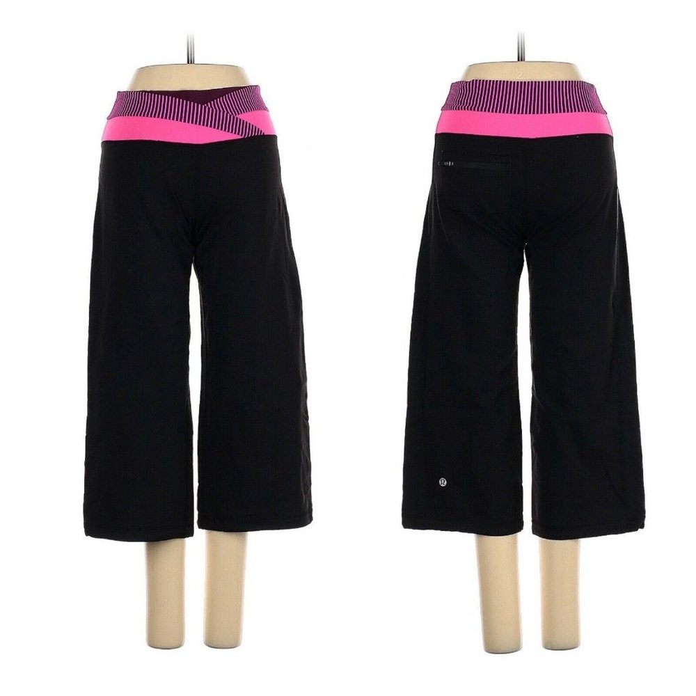 Lululemon Sz 6 Dharana Crop Pants Black Pink Zip Pocket Loose Wide Hyper Stripe